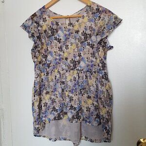 Lucky Brand Blouse, Floral Print, Ruffle Cap Sleeves, High-Low Hemline, Sz. S